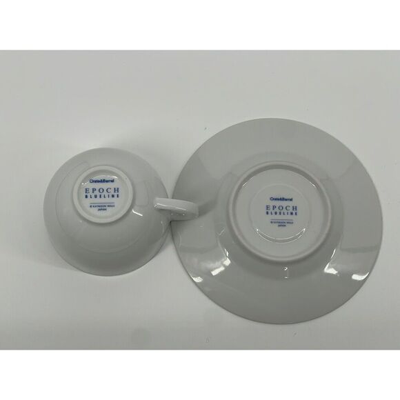 Crate & Barrel Epoch Blue Line White Tea Cup & Saucer Set Kathleen Wills Japan - Picture 3 of 8